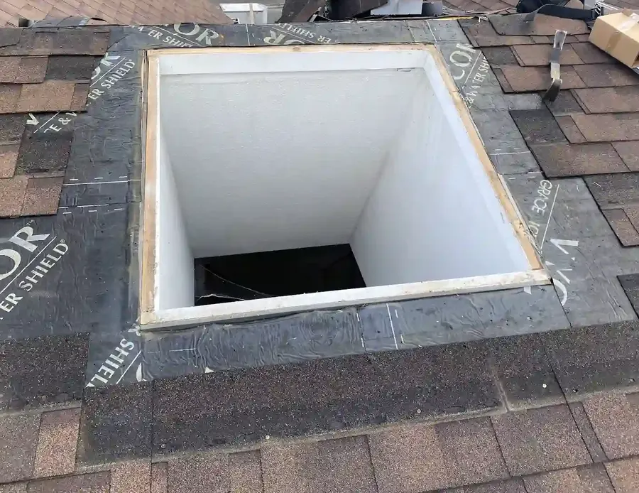 Skylight opening framed and wrapped in dark membrane on a brown shingle roof